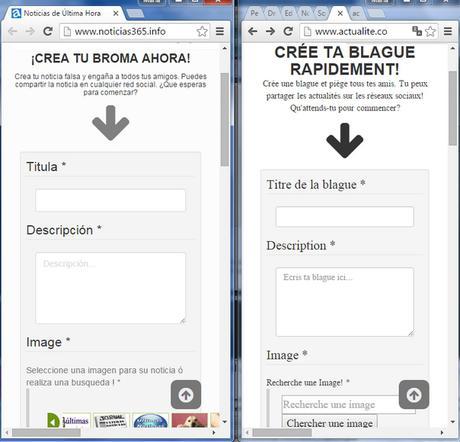Las páginas de inicio de Noticias 365 y Actualité son casi idénticas.