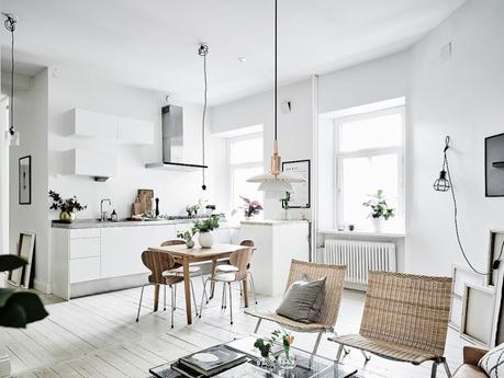 techos altos planta semi abierta lámparas colgantes interiores nórdicos decoración pisos pequeños decoración blanco cocinas nórdicas modernas blog decoración nórdica Amplitud con blancos y neutros 