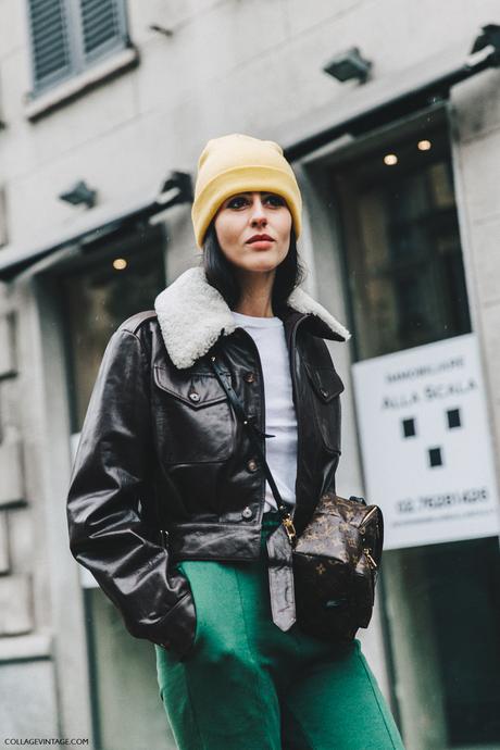 Milan_Fashion_Week_Fall_16-MFW-Street_Style-Collage_Vintage-Gilda_Ambrossio-Yellow_Beanie-Shearling_Jacket-Green-2