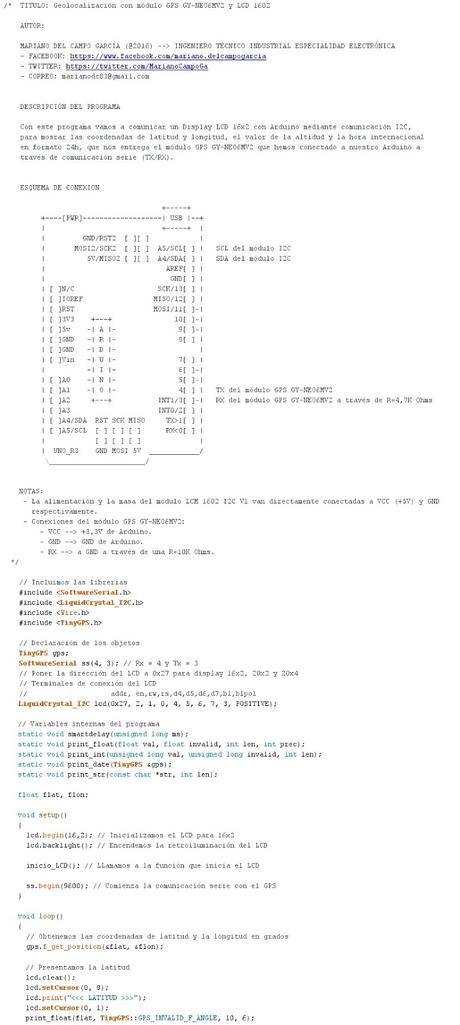 Geolocalización con módulo GPS GY-NEO6MV2 y LCD 1602