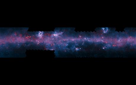 This image of the Milky Way has been released to mark the completion of the APEX Telescope Large Area Survey of the Galaxy (ATLASGAL). The APEX telescope in Chile has mapped the full area of the Galactic Plane visible from the southern hemisphere for the first time at submillimetre wavelengths — between infrared light and radio waves — and in finer detail than recent space-based surveys. The APEX data, at a wavelength of 0.87 millimetres, shows up in red and the background blue image was imaged at shorter infrared wavelengths by the NASA Spitzer Space Telescope as part of the GLIMPSE survey. The fainter extended red structures come from complementary observations made by ESA's Planck satellite. Note that the far right section of this long and thin image does not include Planck imaging. To fully appreciate this image click on it and zoom and scroll sideways.