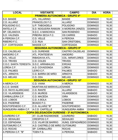 Horarios fútbol ourensano, 5 y 6 de Marzo 2016