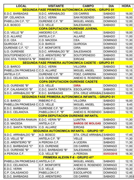 Horarios fútbol ourensano, 5 y 6 de Marzo 2016