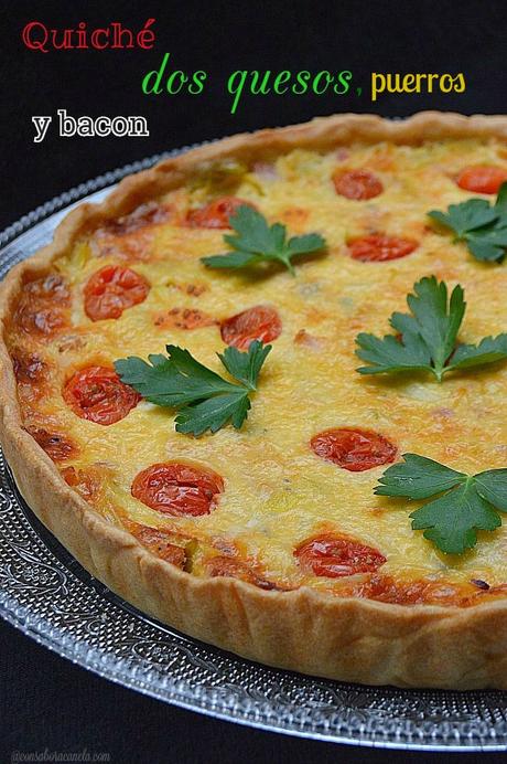 Quiché dos quesos, puerros y bacon