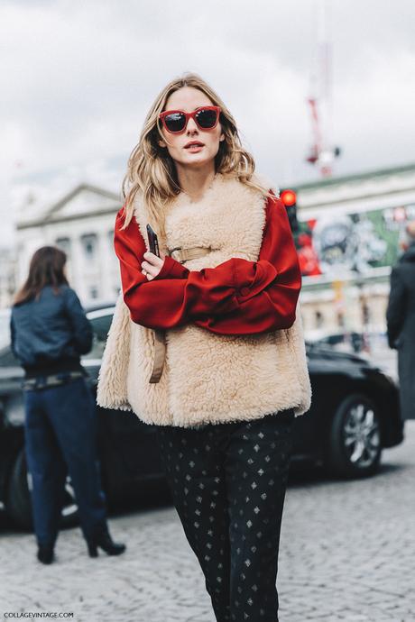 PFW-Paris_Fashion_Week_Fall_2016-Street_Style-Collage_Vintage-Olivia_Palermo-Fur_Vest-Red_Blouse-Printed_Trousers-Chloe-5