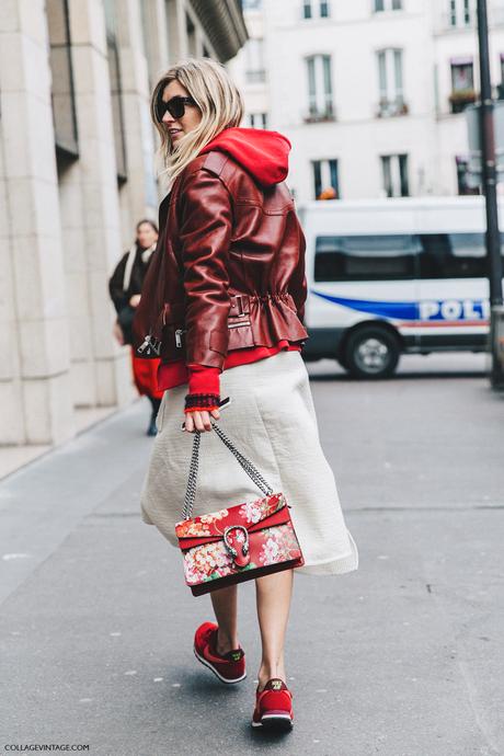 PFW-Paris_Fashion_Week_Fall_2016-Street_Style-Collage_Vintage-Camille-Midi_Skirt-Sneakers-Biker_Jacket-Gucci_Red-1