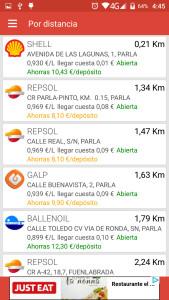 Listado gasolineras por distancia