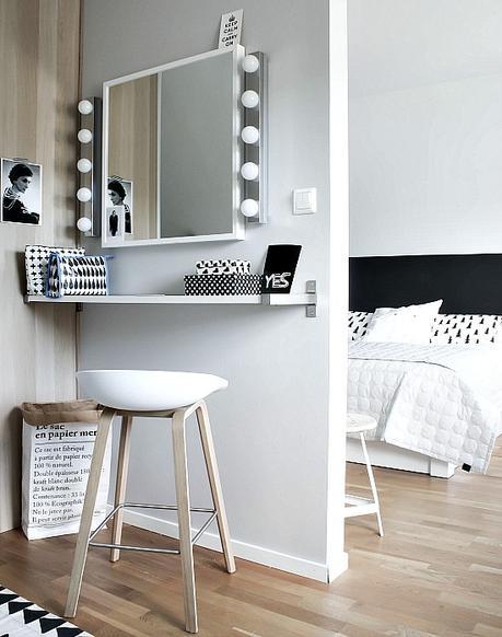 Un dormitorio EN BLANCO Y NEGRO con tocador!