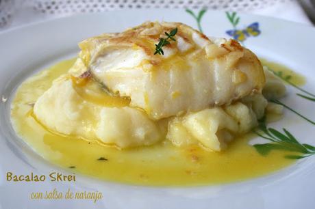 Bacalao Skrei con salsa de naranja ,bacalao skrei, salsa de naranja salada