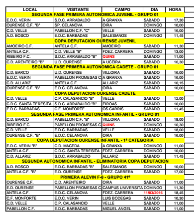 Horarios del fútbol ourensano, 12 y 13 de Marzo 2106