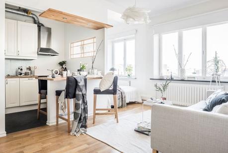 mini piso distribución mini piso decoración Mini piso con isla estilo nórdico escandinavo decoración interiores cocinas pequeñas cocinas nordicas abiertas cocinas blancas blog decoración nórdica 