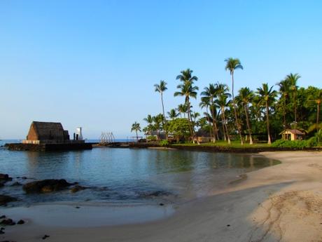 Ahuena Heiau. Las chozas sagradas. Isla Grande, Kona. Hawai