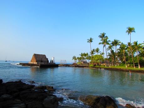 Ahuena Heiau. Las chozas sagradas. Isla Grande, Kona. Hawai