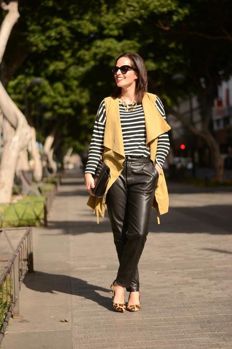 outfit-vest-leather-trousers-zara-striped-tshirt-street-style