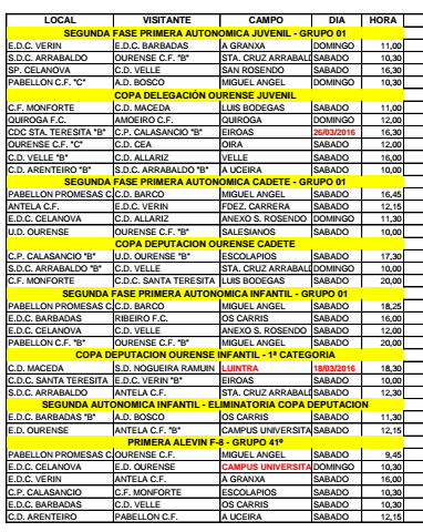 Horarios fútbol ourensano, 19 y 20 de Marzo 2016