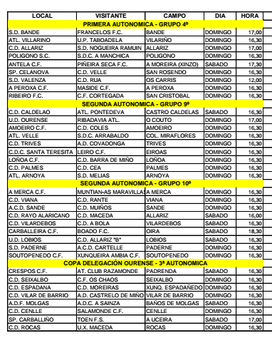 Horarios fútbol ourensano, 19 y 20 de Marzo 2016