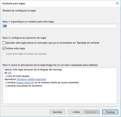 Una manera poco conocido de crear notificaciones de email Una regla para notificaciones VIP en Microsoft Outlook