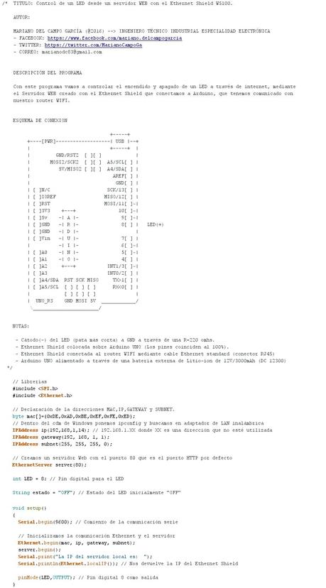 Control de un LED desde un servidor WEB con el Ethernet Shield W5100