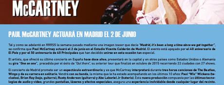 Paul McCartney actuará en Madrid el 2 de junio