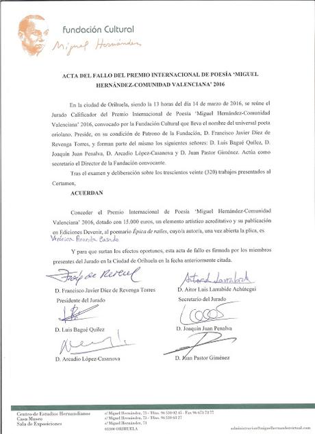 Entrevista en El Economista y Acta del fallo del Premio internacional de poesía 