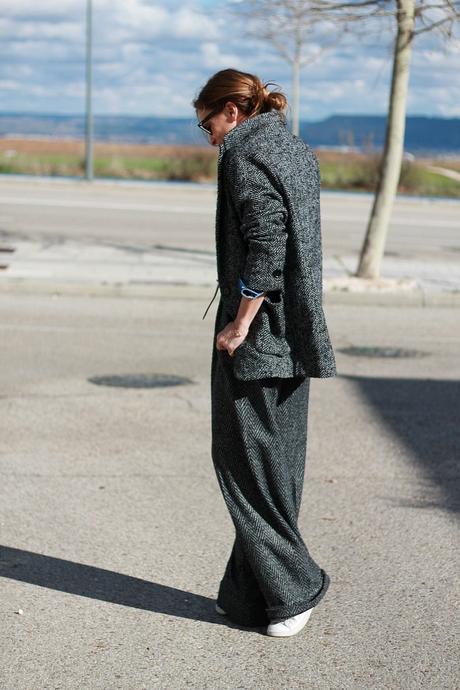 high waisted pants and sneakers