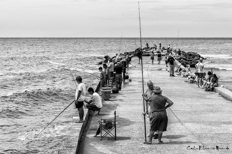 Pescadores deportivos en espigón sobre el mar.Blanco y Negro