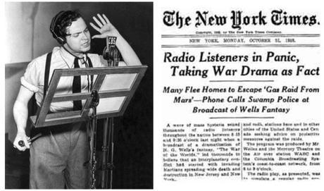 Orson Welles durante la emisión radiofónica de La guerra de los mundo y la portada del New York Times del día siguiente en la que se informaba de las repercusiones del programa de radio
