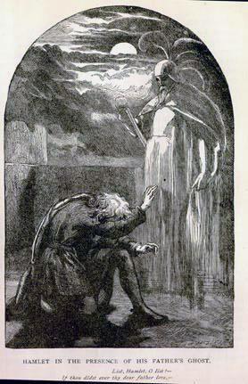 Grabado de John Gilbert que representa al príncipe Hamlet ante el Espectro de su padre, el rey Hamlet