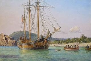 Goleta con piratas desembarcando en barcas para llegar a la isla del tesoro.