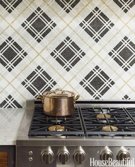 Since you can look right into the kitchen from the front door of this 1909 Beaux Arts townhouse, it had to live up to its surroundings.  When designer Christopher Peacock walked into the AKDO tile showroom and saw their new Balmoral Plaid pattern, he immediately thought of a classic Burberry raincoat. It fit right in with the tailored look he was after. 