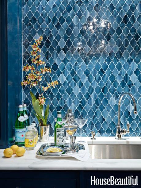 For a bar area in this Greenwich, Connecticut home, designer Ashley Whittaker chose Aladdin tile from Waterworks to conjure up an exotic Moroccan feel. 