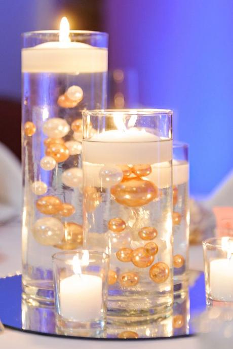 Floating Candle Centerpieces With Gold and White Pearls: 