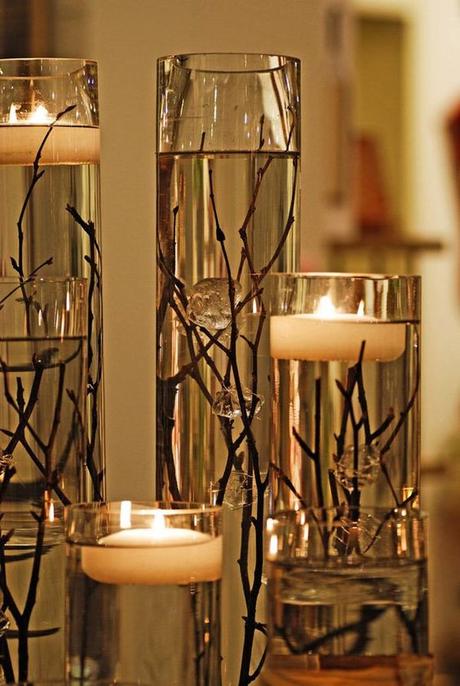 branch floating candle centerpieces - Add more drama to your floating candles and bottle with a touch of twigs and branches.: 