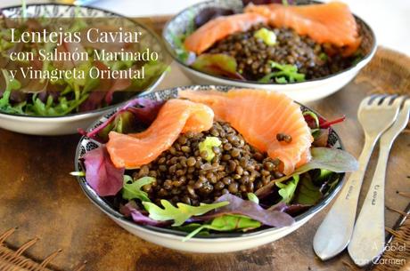 Lentejas Caviar con Salmón Marinado y Vinagreta Oriental