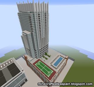 Réplica Minecraft: Rascacielos The Vue, Charlotte, Carolina del Norte, Estados Unidos.