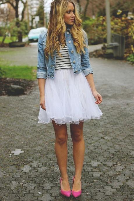 tulle skirt + striped shirt + denim jacket: 