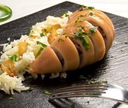 Calamar relleno de pescado y marisco. de Burruezo congelados