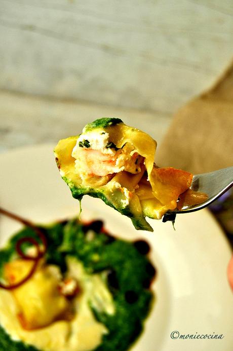 Ravioli de Langostino y Ricotta, Espinacas, Parmesano y Oporto