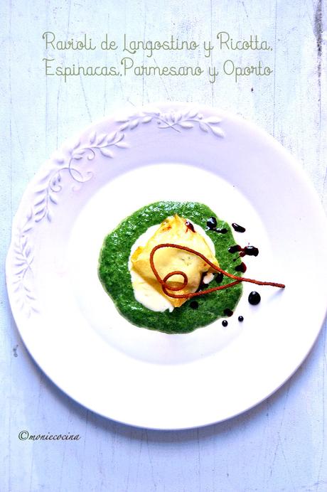 Ravioli de Langostino y Ricotta, Espinacas, Parmesano y Oporto