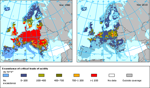 Superación de las cargas críticas de acidificación (Europa, 1980 y 2010)