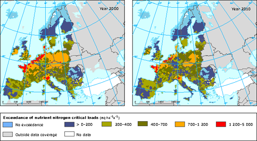 Mapa de la superación de las cargas críticas de eutrofización (Europa, 2000 y 2010)