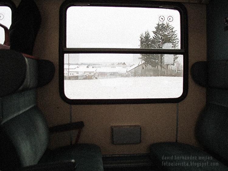 Fotografía de interior de vagón de tren en el viaje de Municht a Fussen (Alemania) con un precioso paisaje de fondo visto a través de la ventana