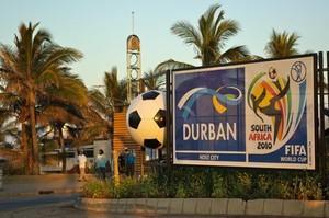 Welcome to Durban beachfront. This sign greets football fans arriving at North Beach.