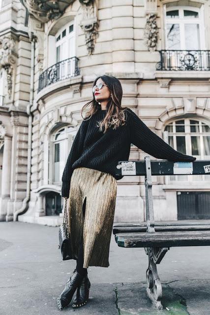 STREET STYLE INSPIRATION; PLEATED MIDI SKIRT.-