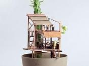 Esculturas miniatura casas árboles construidas alrededor plantas interior