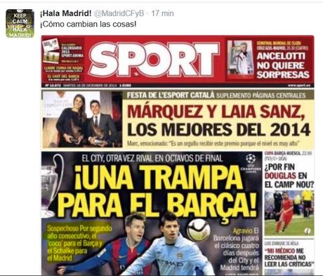 El diario Sport, si toca el City al Barcelona y si le toca al R.Madrid