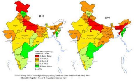 Evolución en la participación laboral de las castas menos favorecidas Fuente: Census of India 2011