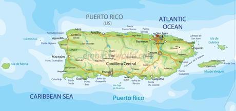 Mapa físico de la isla de Puerto Rico. En la parte central se encuentra una cordillera, obligando a que la actividad se realice en la costa circundante