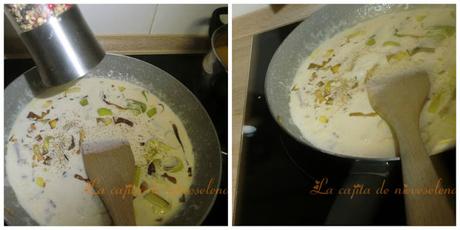 Salmón en salsa de puerros con piñones