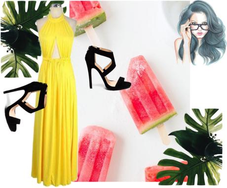 LOOK VESTIDO AMARILLO LARGO CLUTCH